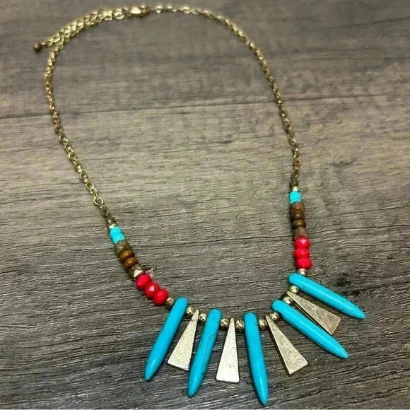 Boho Beaded Turquoise Bronze Red and Wooden Beads Necklace - Picture 2 of 3